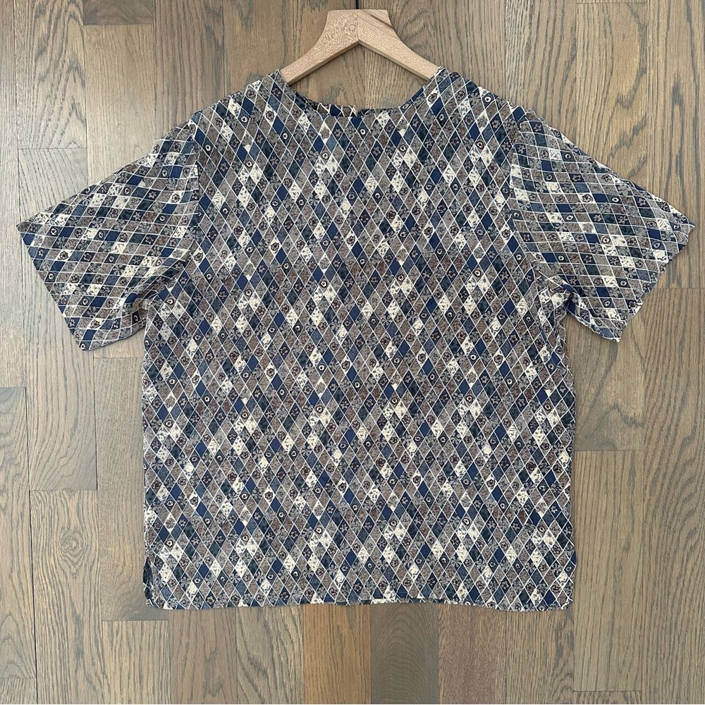 Vintage Checkerboard Floral Printed Silk Short Sleeve Blouse Blue, Tan, Cream S